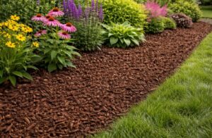 A garden flower bed covered with a thick 2 to 3 inch layer of organic wood chip mulch to prevent weed growth naturally