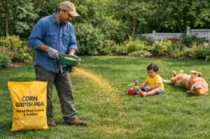 A homeowner spreading corn gluten meal on a green lawn while a child plays safely nearby, demonstrating pet and family-friendly organic weed control