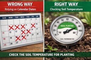 Calendar crossed out next to soil thermometer showing correct timing method