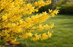 Close-up of yellow forsythia flowers in bloom signaling the right time to apply organic pre-emergent herbicide in spring