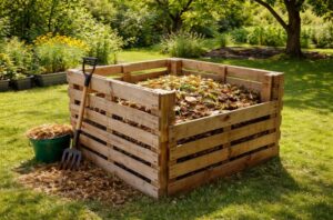 DIY-wooden-pallet-compost-bin-in-a-sunny-backyard-lawn