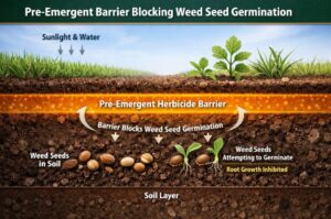 Diagram showing pre-emergent barrier blocking weed seed germination