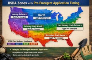 Map showing USDA zones with pre-emergent application timing overlay