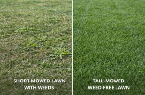 Side by side comparison of lawn mowing height effect on crabgrass — short mowed lawn with weeds vs tall mowed weed-free lawn