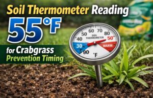 Soil thermometer reading 55°F for crabgrass prevention timing