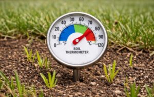 Soil-thermometer-showing-55-60°F-temperature-triggering-crabgrass-germination-in-spring-lawn