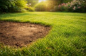 Bare patchy spots on a lawn in early spring next to healthy green grass