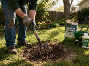 Homeowner loosening compacted soil in a bare lawn patch with a garden fork in spring