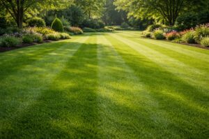 Neatly mowed green lawn in early spring with fresh cut grass stripes