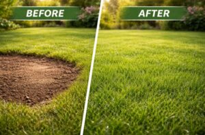 Newly repaired lawn with fresh green grass growing in previously bare spots after spring seeding