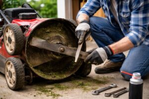 Person sharpening lawn mower blade before first spring mow of the season