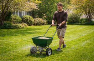 Person using a push spreader to apply granular fertilizer on a green lawn in spring