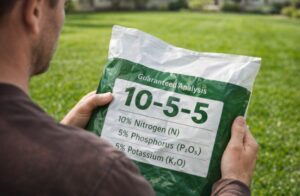 Homeowner reading NPK numbers on a spring lawn fertilizer bag before application