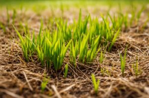 Close-up of green grass blades emerging from brown dormant lawn in early spring