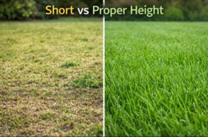 Before and after lawn comparison showing short yellow patchy grass with weeds versus healthy thick green grass at proper mowing height