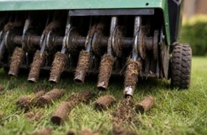 Close-up of a core aerator pulling soil plugs from a lawn during aeration process