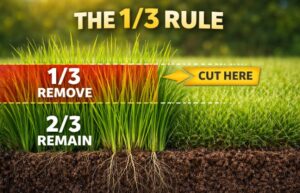 Grass mowing one third rule diagram showing top one third marked for cutting and bottom two thirds remaining for healthy growth