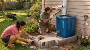 Homeowner installing rain barrel on raised cinder block platform under downspout