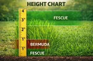 Lawn mowing height chart with ruler showing recommended cutting heights for Bermuda and Fescue grass zones