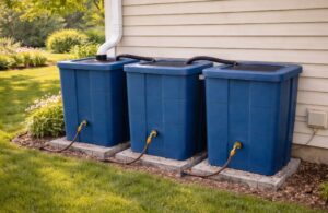 Multiple rain barrels linked together for large lawn rainwater storage