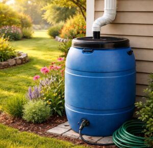 Rain barrel system installed under home downspout for lawn irrigation