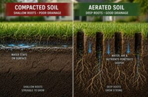 Side-by-side soil cutaway showing compacted lawn vs aerated lawn with deeper roots and better water absorption