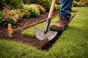 cutting a 45-degree V-shaped lawn edging trench with a half-moon edger