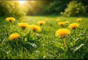 dandelions growing in a green lawn