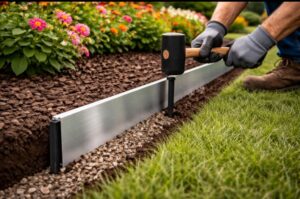 installing aluminum lawn edging along a garden bed and securing with stakes