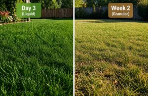 liquid vs granular fertilizer lawn comparison showing fast green grass in 3 days vs slower growth after 2 weeks