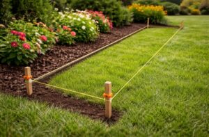 marking lawn edging line with string and stakes before cutting trench