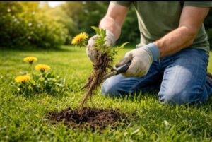 person using a hand weeder tool to remove dandelion with taproot from lawn