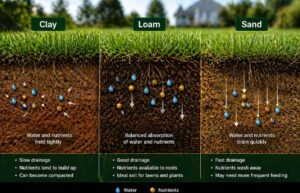 soil types comparison clay loam sand showing water and nutrient absorption in lawn soil cross section diagram