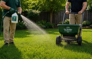 spraying liquid fertilizer vs spreading granular fertilizer on lawn with hose sprayer and broadcast spreader