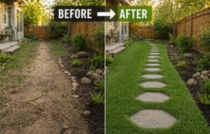 Before and after comparison of a backyard transformed with a natural grass pathway and stepping stones