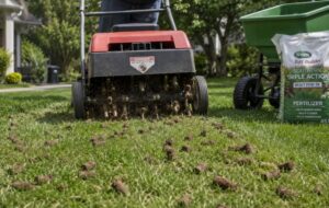 Core aeration holes and soil plugs on a healthy lawn before fertilizing