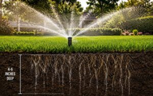 Deep lawn watering helping grass roots grow 4 to 6 inches deep for healthier turf