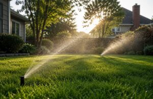 Early morning deep watering helping a healthy green lawn survive summer heat