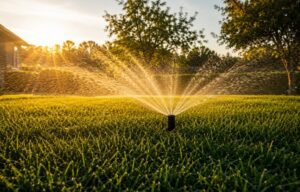 Early morning lawn watering reduces evaporation and helps grass absorb moisture efficiently