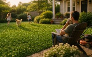 Homeowner relaxing with coffee beside a low-maintenance clover lawn while kids and a dog play in the background during golden hour
