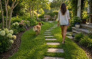 Natural grass pathway in backyard being used for walking, surrounded by healthy green lawn
