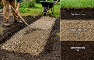 Preparing ground for grass pathway with sand base layer and leveled soil