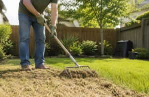 Homeowner dethatching a cool season lawn in late spring to prepare grass for summer heat.