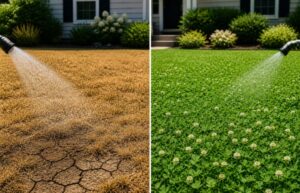 Side-by-side comparison of dry brown grass lawn with cracked soil and lush green clover lawn with white flowers under the same sunlight