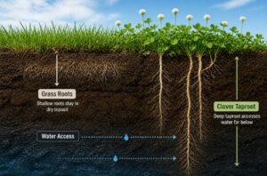 Soil cutaway showing shallow grass roots in dry topsoil and deep clover taproot reaching moist soil layers below
