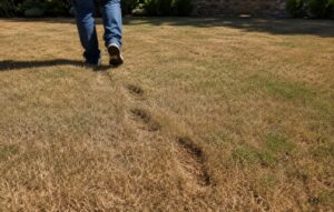 Visible footprints on dry stressed grass showing the lawn needs watering