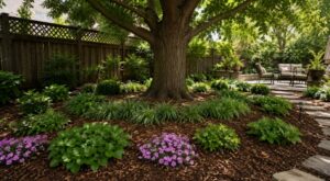 Beautiful backyard landscape beneath a mature shade tree featuring wood chip mulch, liriope, pachysandra, and flowering groundcovers instead of grass. The professionally designed garden provides an attractive low-maintenance solution for heavily shaded areas.