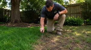 Homeowner kneeling under a shade tree and pushing a screwdriver into the soil to check compaction. The lawn shows a clear contrast between healthy green grass and sparse, damaged turf, illustrating a lawn diagnosis process.