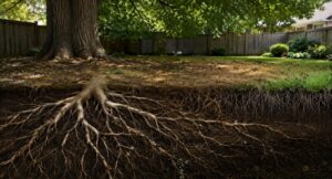 Large oak tree casting deep shade over a backyard lawn, with thin yellow grass beneath the canopy. A realistic underground cross-section reveals extensive tree roots spreading through the soil and competing with shallow grass roots for water and nutrients.