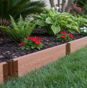Gravel border and edging installed around raised garden bed to separate it from lawn grass